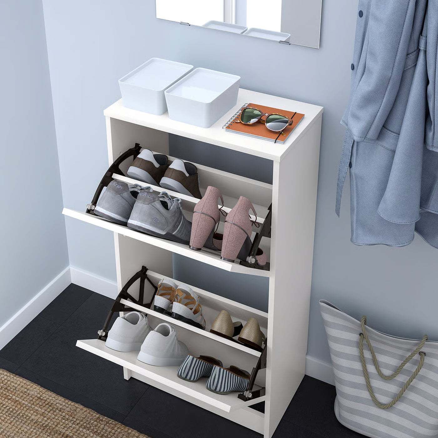 BISSA Shoe cabinet with 3 compartments, white, 49x28x135 cm