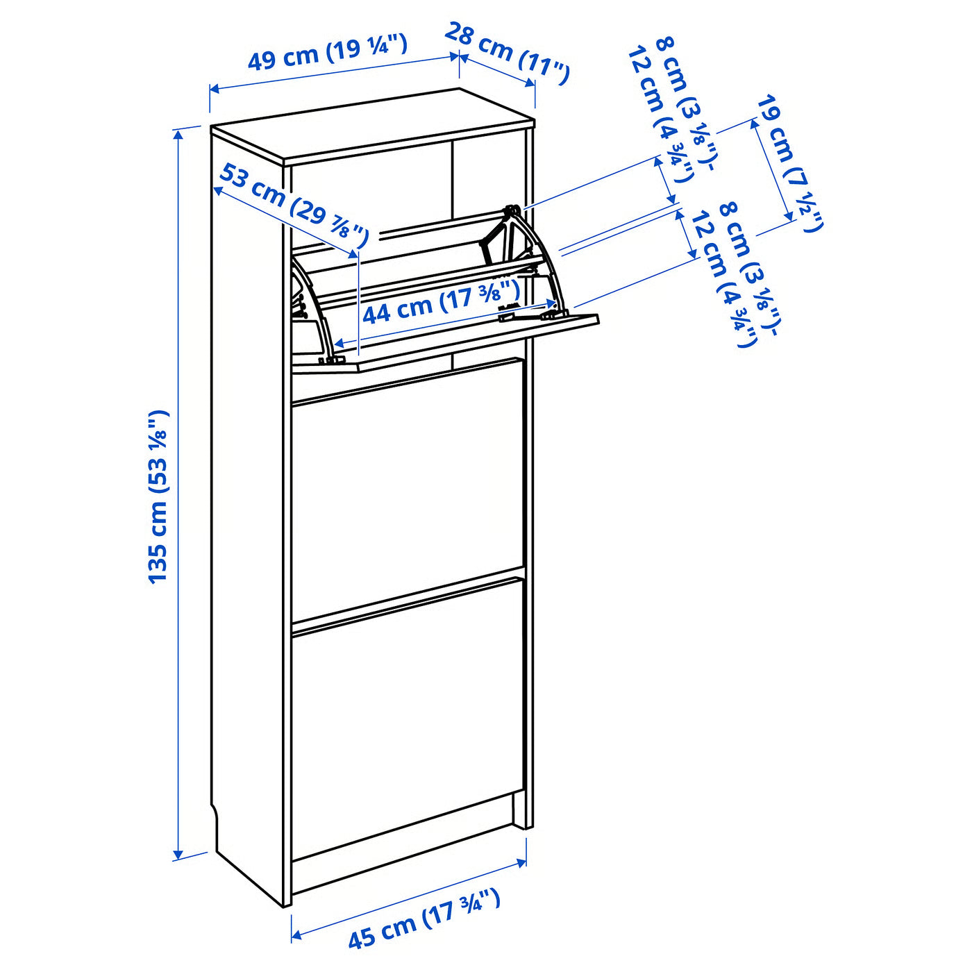 BISSA Shoe cabinet with 3 compartments, white, 49x28x135 cm