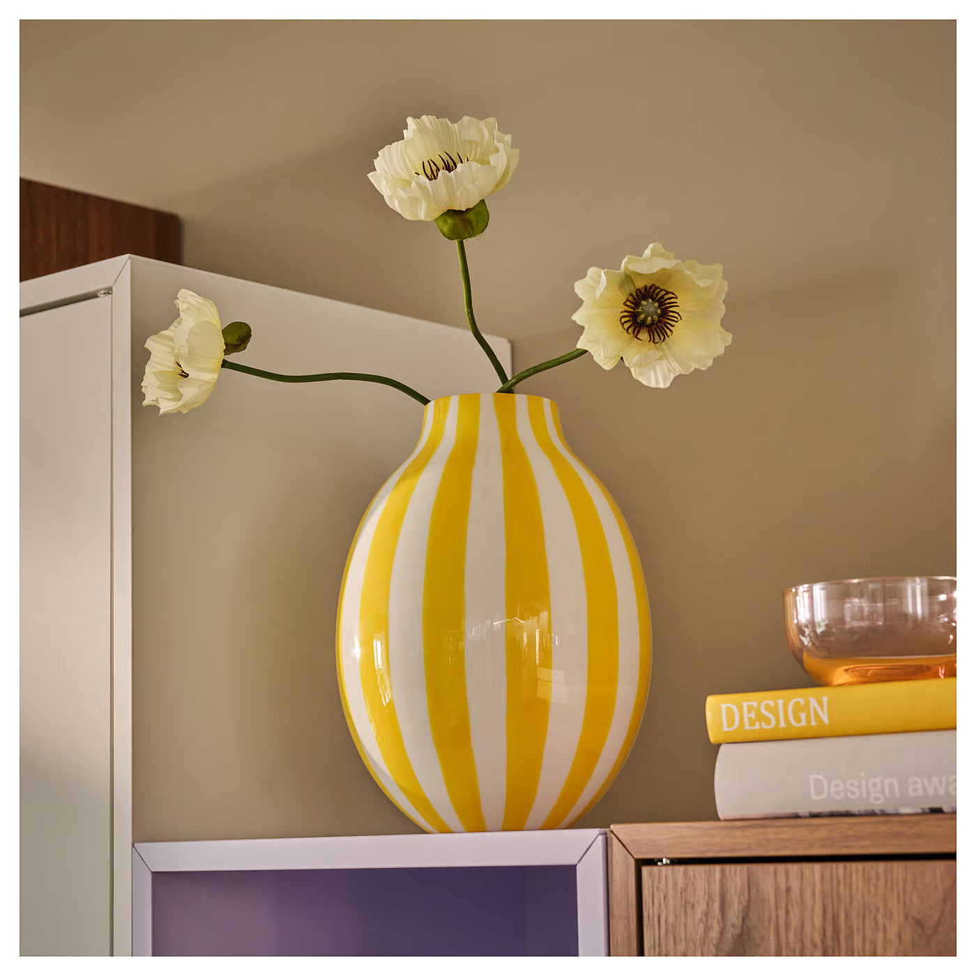BLODBJÖRK Vase, striped white/yellow, 25 cm
