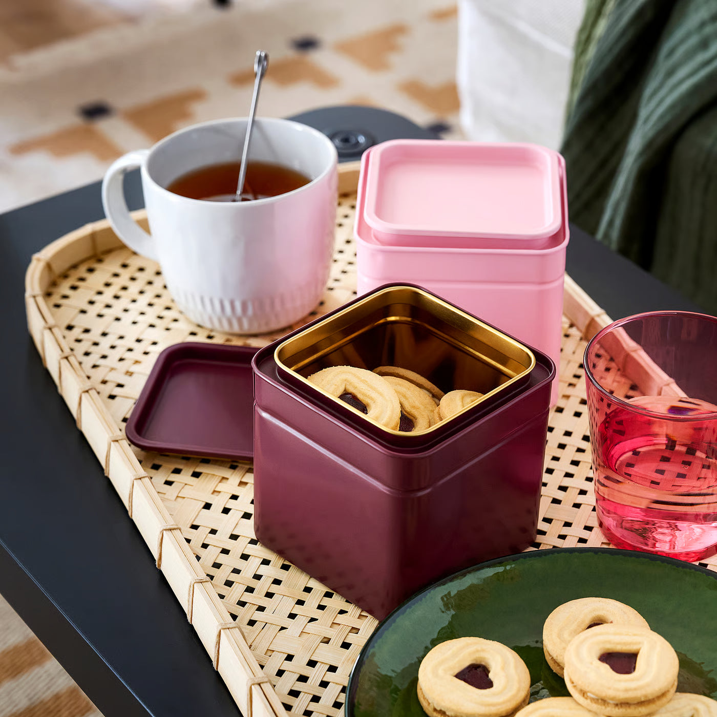 BLOMNING Tin with lid, brown-red/pink for coffee/tea, 10x10x10 cm
