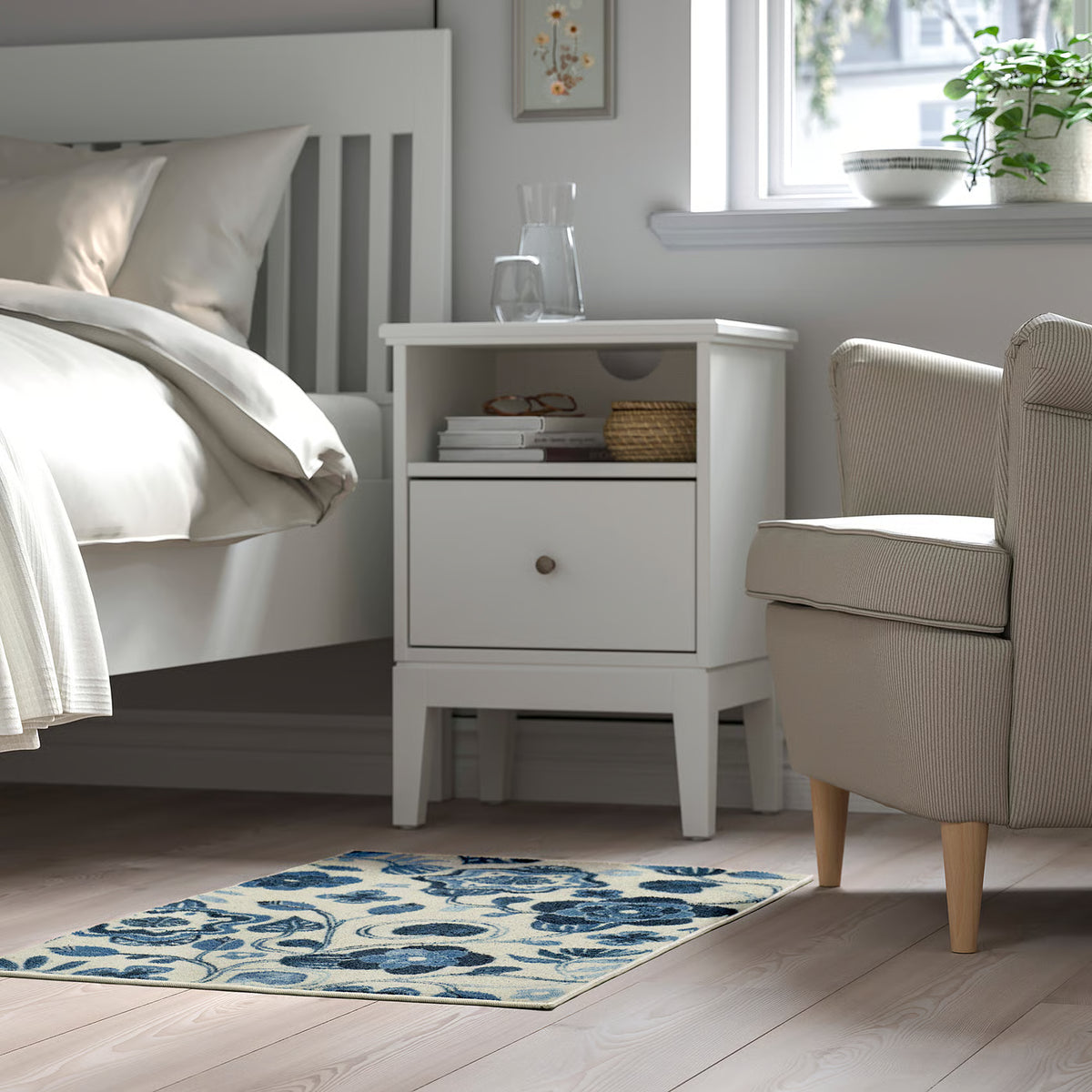 KANTLINJE Rug, low pile, beige blue/floral pattern, 60x90 cm