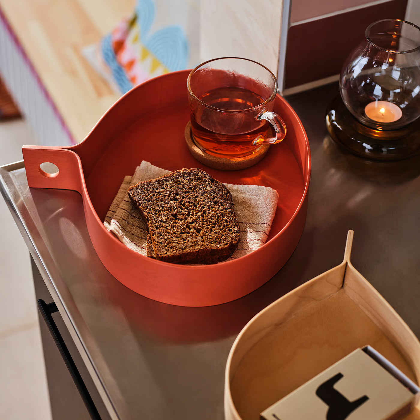 OMMJÄNGE Tray, set of 2, orange/birch veneer