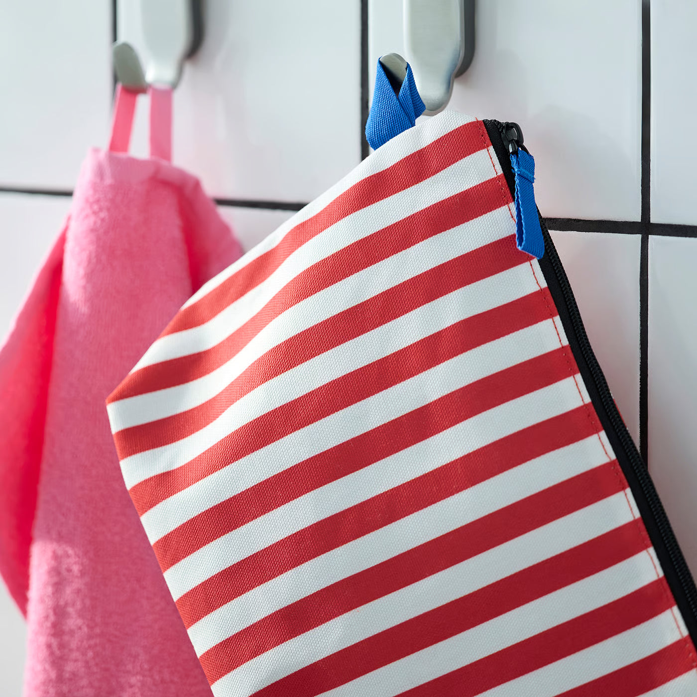 SKOGSSALLAT Toiletry bag, red/white/striped