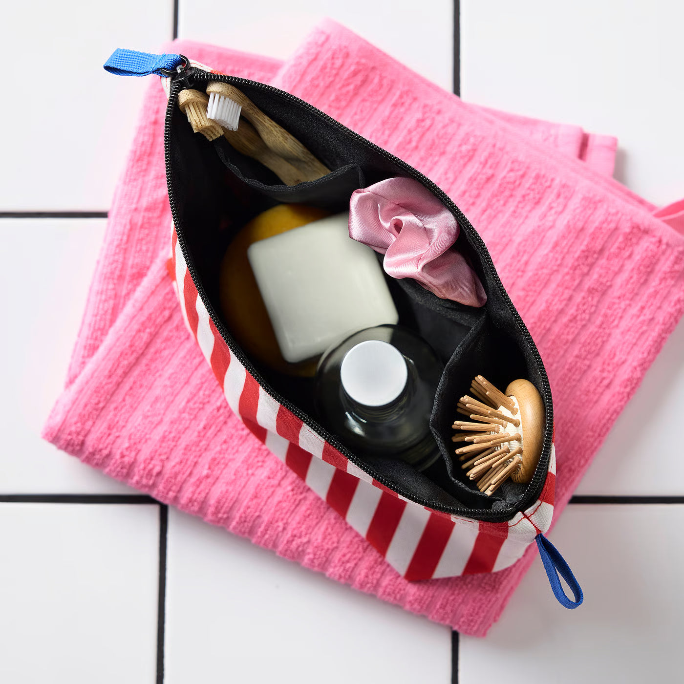 SKOGSSALLAT Toiletry bag, red/white/striped
