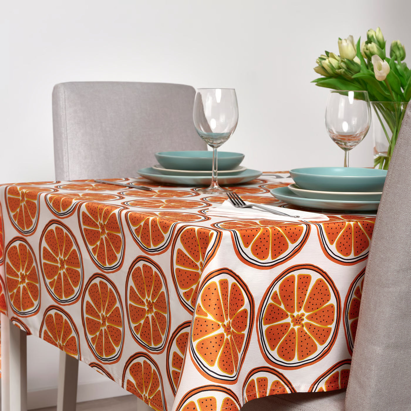 ORVFLY Tablecloth, patterned/off-white orange, 145x240 cm