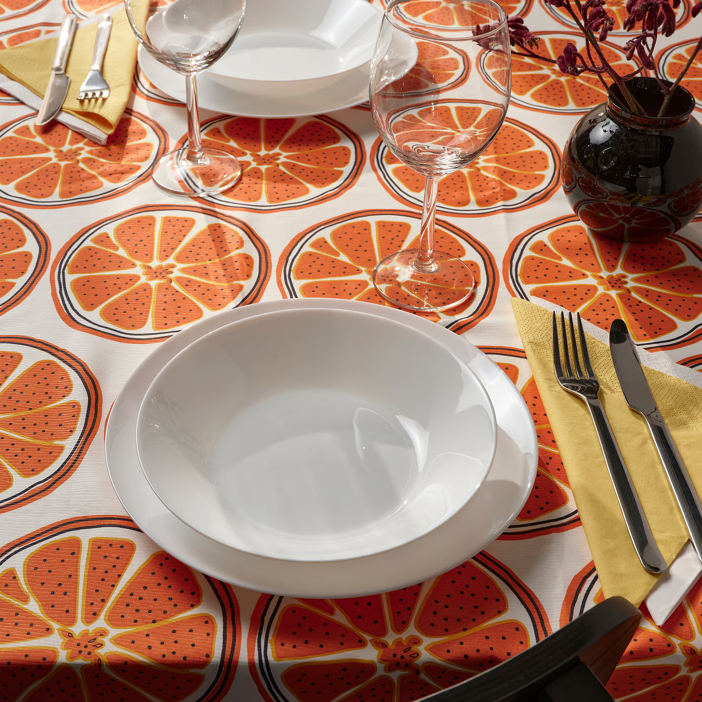 ORVFLY Tablecloth, patterned/off-white orange, 145x240 cm